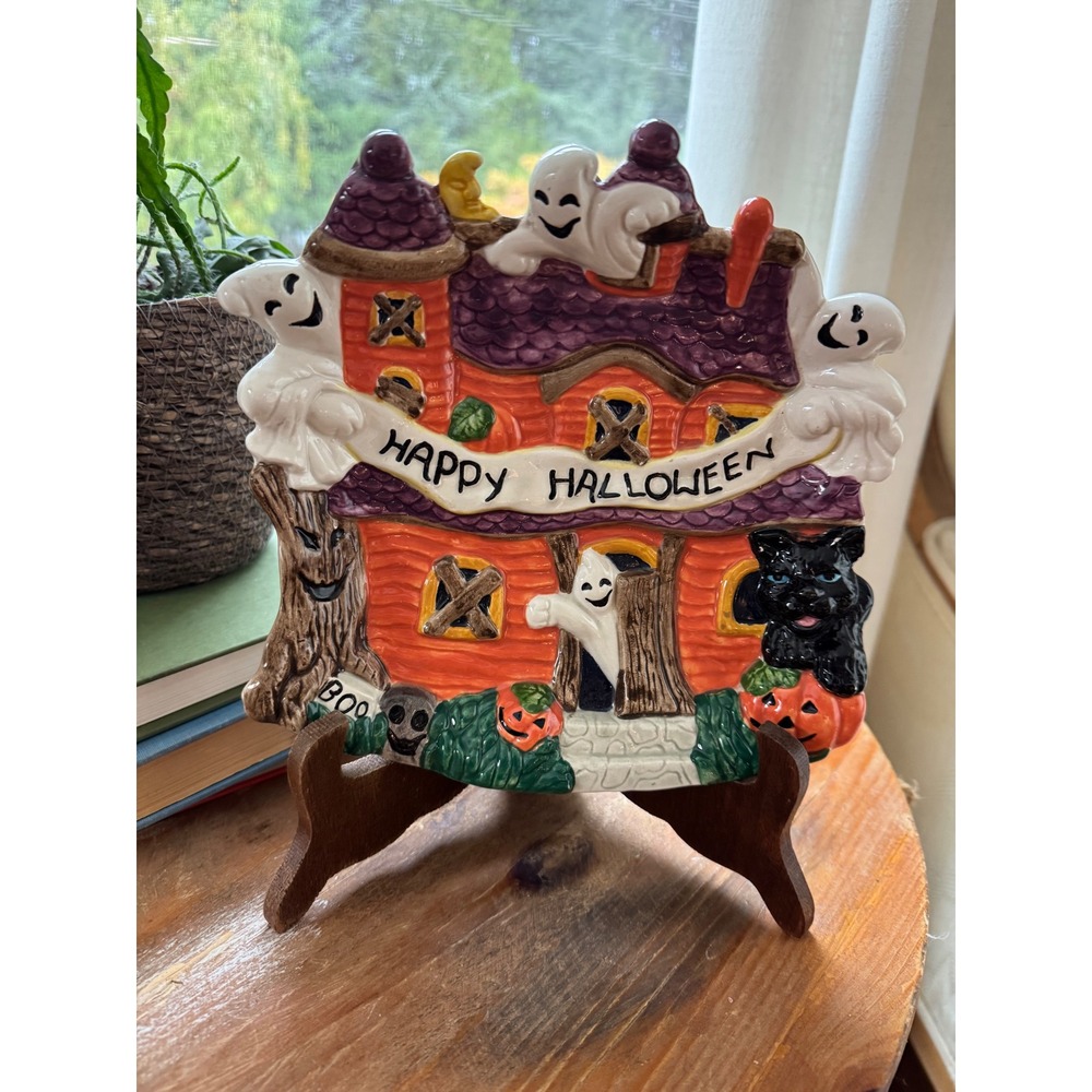 Vintage 1996 Omnibus Fitz and Floyd Halloween Haunted House Ceramic Plate Dish